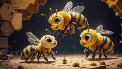 Cute small cartoon bee character hanging out by the beehive interacting with other bees and the queen bee
