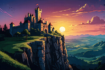 Castle perched on a cliff overlooking a twilight sky vector art illustration image.
