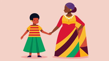A young girl wearing a flowy multilayered Boubou dress in bright colors holding hands with an older woman in a traditional Kente cloth scarf and. Vector illustration