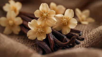 Vanilla aroma - dried pods and blossoms on burlap. Close-up shot of delicate vanilla flowers paired with aromatic dried vanilla pods resting on a textured burlap surface
