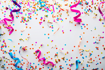 Celebration,party backgrounds concepts ideas with colorful confetti,streamers on white.Flat lay design
