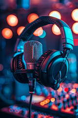 Microphone and headphones.Live music and blurred stage lights. Music background