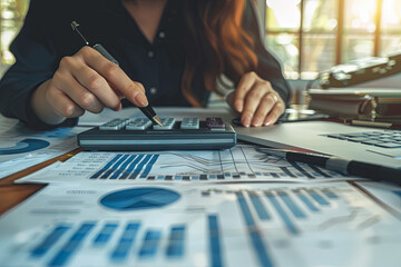 Business Financing Accounting Banking Concept, Businesswoman doing finances and calculating financial report with business graph growth chart
