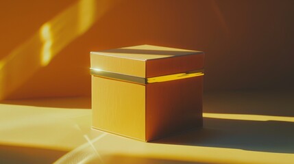 Minimalistic cube on a surface, illuminated by warm golden sunlight with dramatic shadows