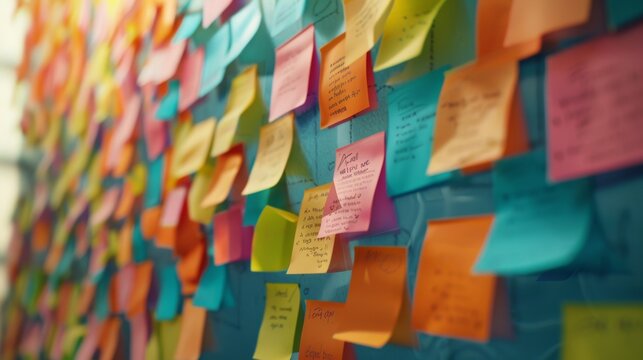 wall covered in colorful sticky notes, each with handwritten messages, creating a vibrant mosaic of communication