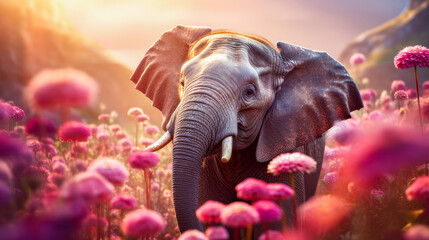 Cute, beautiful elephant in a field with flowers in nature, in sunny pink rays.