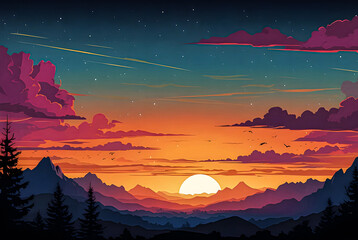 Mountain range silhouetted against a colorful sunset vector art illustration.
