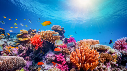 Transparent water of the ocean or sea, corals and fish underwater, seascape.