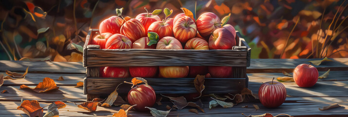 Colorful stylized digital artwork of a crate filled with apples amidst autumn leaves