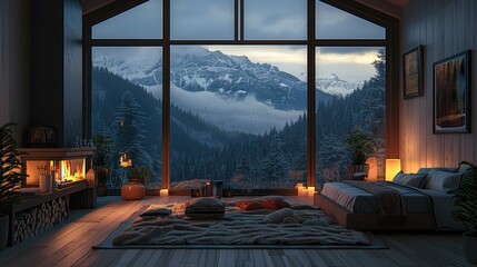 A dark bedroom with large window overlooking to nightcap, at night outside and big fireplace, cozy ambience. Generative AI.