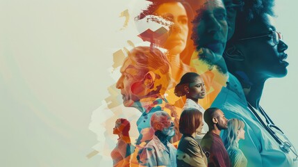 An artistic composition of healthcare concepts like healing and hope merged with images of diverse patients and caregivers, emphasizing inclusivity in healthcare.