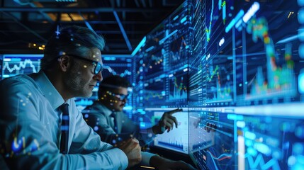 A dynamic shot of stock market traders analyzing data overlaid with investment trends, emphasizing market insights.