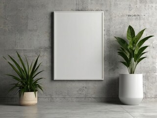 wood frame poster mockup with plant concrete wall background