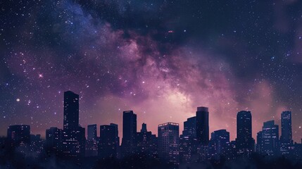 Silhouettes of buildings, skyscrapers, houses. Cityscape in starry dark blue.