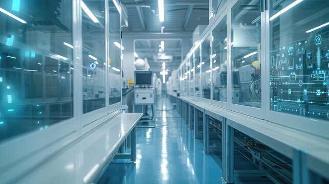 A futuristic pharmaceutical manufacturing floor. Show data flowing, wireless sensors on machines, and the cloud above. Generative AI.