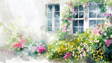 White walls. Big windows. Flowers full of flowers by the window. A view of the house from outside the house. watercolor style