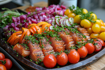 platter with fish fillets and beautifully arranged baked vegetables