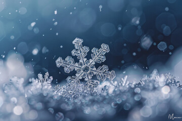 A closeup view of  an unique crystalline structures of individual snowflakes, with their symmetrical patterns and intricate details creating a mesmerizing minimalist composition
