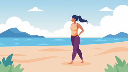 A woman stands foot on a sandy beach breathing deeply and practicing mindfulness exercises as she engages in outdoor therapy.. Vector illustration - obrazy, fototapety, plakaty