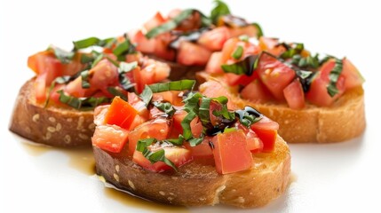 Vibrant close-up of bruschetta featuring diced tomatoes and basil, golden olive oil, and glossy balsamic, on a stark, isolated background
