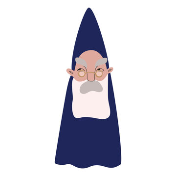 An old dwarf with a gray beard and mustache, glasses, a blue robe and a pointed cap.. Wizard. Character. Vector illustration for packaging, greeting cards and wrapping paper, gifts, posters.