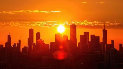 Bright sunset over the silhouettes of skyscrapers in the metropolis.