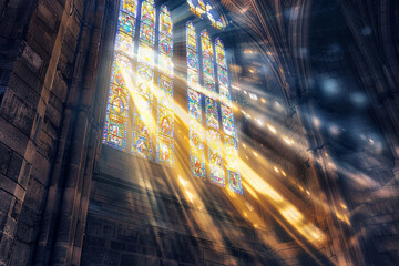 Celestial rays of sunlight filtering through a stained glass window in a mystical cathedral,