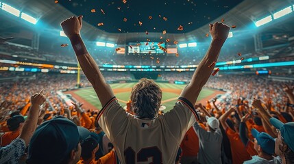 The audience getting excited with their hands in the air at the baseball stadium. victory pose. Generative AI.