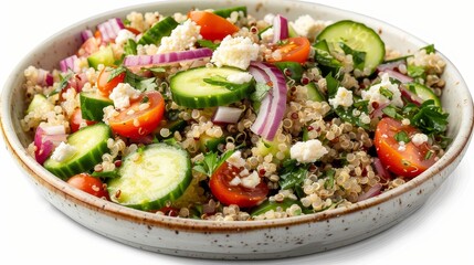 Studio-lit top view of Mediterranean quinoa salad, featuring sharp images of cucumbers, red onions, and ripe cherry tomatoes, feta crumbles on top, isolated background
