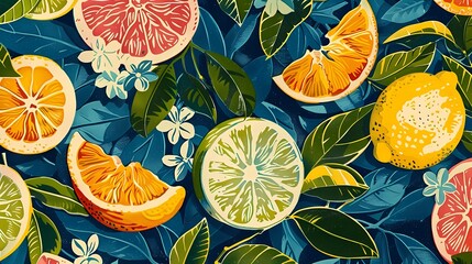 various sliced grapefruits and limes and lemons illustration poster background