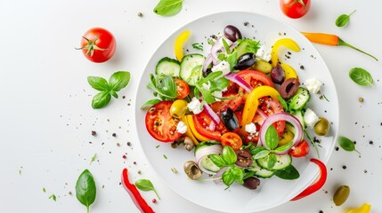 Pristine top view of a traditional Greek Salad, arranged with tomatoes, cucumbers, bell peppers, red onions, olives, and feta, on a minimalist white background with studio lighting