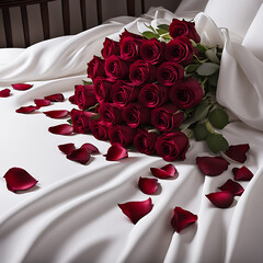 Burgundy roses spill over a luxurious bed, their soft petals draping onto pristine white linens akin to a scarlet cascade. Capturing the essence of romance, perfect for a memorable evening or a cheris