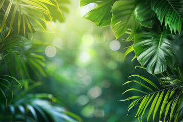 abstract summer beautiful background with tropical green leaves and a place for text in the middle