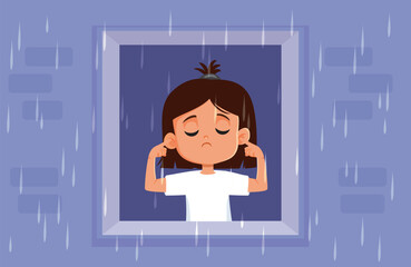 Scared Child Covering her Ears When Thunder Strikes Vector Illustration. Unhappy little girl feeling terrified by loud noisy storm 
