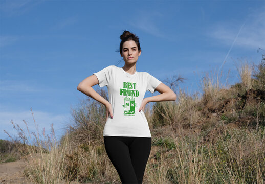 Mockup of woman wearing customizable sports t-shirt, hands on hips