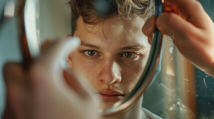 Fototapeta premium Close-up of the young man's reflection in the mirror, observing the haircut progress.