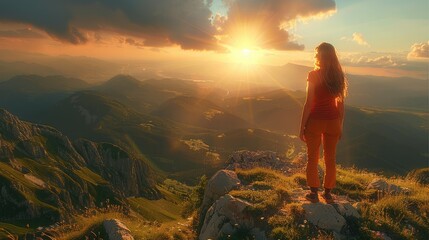 Obraz premium A girl stands on the top of a mountain and looks at a beautiful landscape, the rays of the sun fall on her. Generative AI.