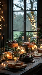 Naklejka premium A festive dinner table for Thanksgiving featuring an overhead shot of a beautifully decorated table with sparkling lights.