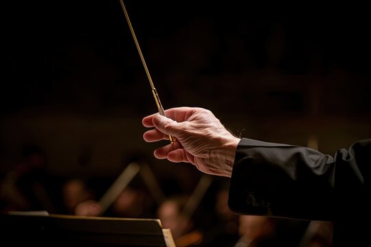 Concert. Stick. Bandmaster. Wand. An orchestra conductor's hand holding the baton with the symphony on stage in the background. Musical performance. Theater. Concert hall. Musicians. Command. Audience