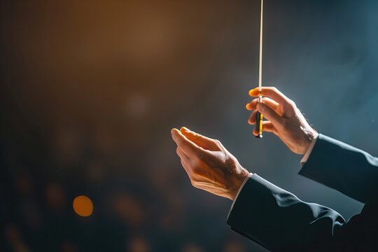 Orchestra conductor. Audience. Stage. Performance. Leading the symphony orchestra with a baton. Copy space. Conductor's stick. Gesture. A bandleader. Maestro. Classical music. A band director. Concert