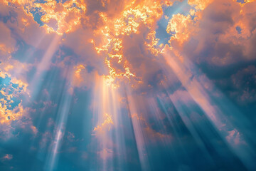 Light rays break through clouds in heavenly patterns.