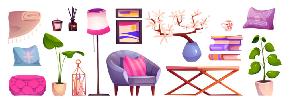 Naklejki Living room interior furniture and decorative elements - pink ottoman and pillows, armchair and plants in flowerpot, table and lamp, aroma candles and wall pictures. Cartoon vector illustration set.