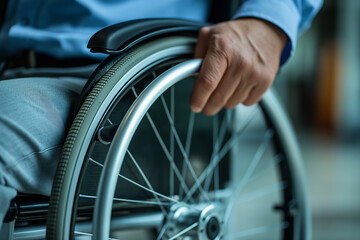 Obraz premium Close-up of hand on wheelchair wheel. shot of a person's hand navigating a wheelchair, highlighting accessibility and mobility in a subtle, dignified manner