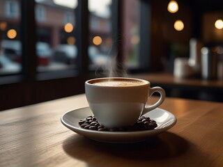 Obraz premium A steaming cup of coffee rests on a rustic wooden table