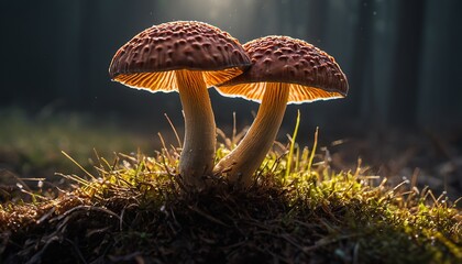 Naklejka premium Enchanted Forest: A Cinematic Look at Glowing Psilocybe Mushrooms in Soft Light