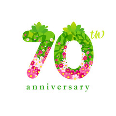 Happy 70th anniversary greetings. Up to 70 percent off sale label template. Shopping gift card concept. Vector clipart with clipping mask. Decorative art style. Grass, tree leaves and flowers backdrop