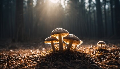 Naklejka premium Psychedelic Splendor: A High-Resolution Photograph of Glowing Psilocybe Mushrooms