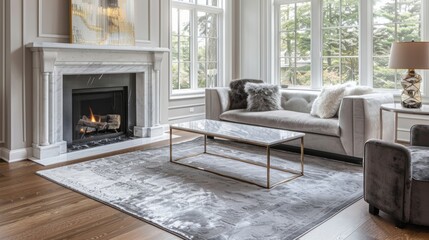 A plush area rug in shades of grey complements the white marble of the fireplace tying the room together and adding texture to the space. 2d flat cartoon.