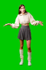 A woman is standing on a green screen backdrop, wearing a skirt and sweater. She appears poised and...