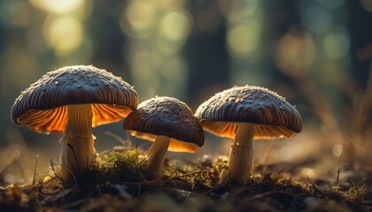 Naklejka premium Nature's Luminescence: A Captivating Portrait of Bioluminescent Psilocybe Mushrooms 